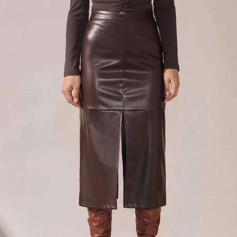 Brown Casual Women's Elegant A-Line Split Hem faux leather Skirt
